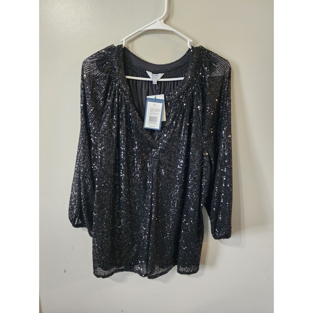 Crown & Ivy Black Sequin Icon Peasant Top V-Neck Long Sleeve Blouse XL NWT